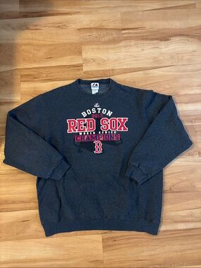 Majestic Boston Red Sox Charcoal Gray Crewneck Sweatshirt with Red Logo